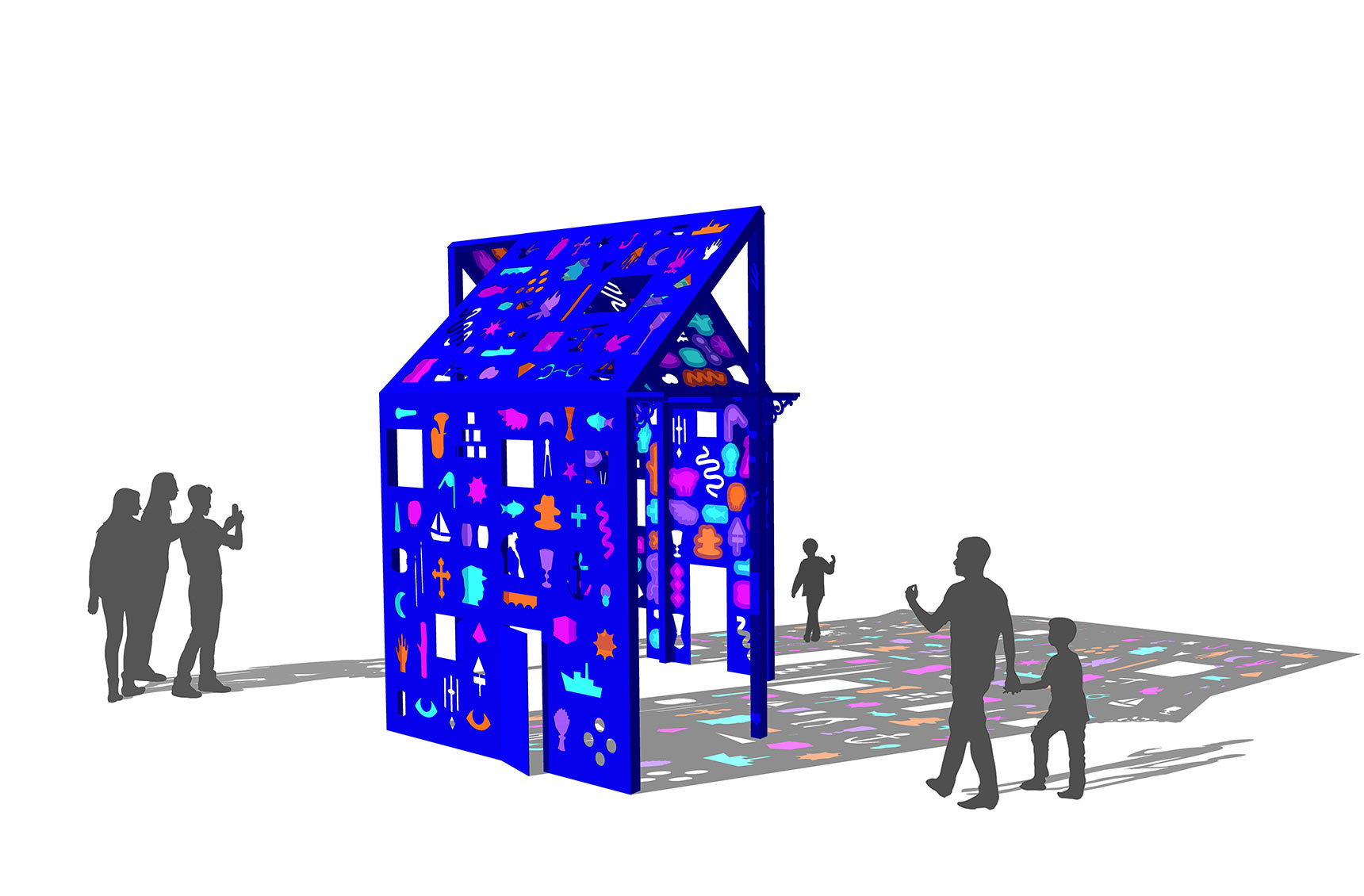 Hieroglyphic House, rendering of a proposed public art installation of a deep blue house-like structure with walls and roofs punctured by windows of shaped iconographic imagery in vibrant colors. Sunlight streaming through these openings casts colorful shadows on the ground.
