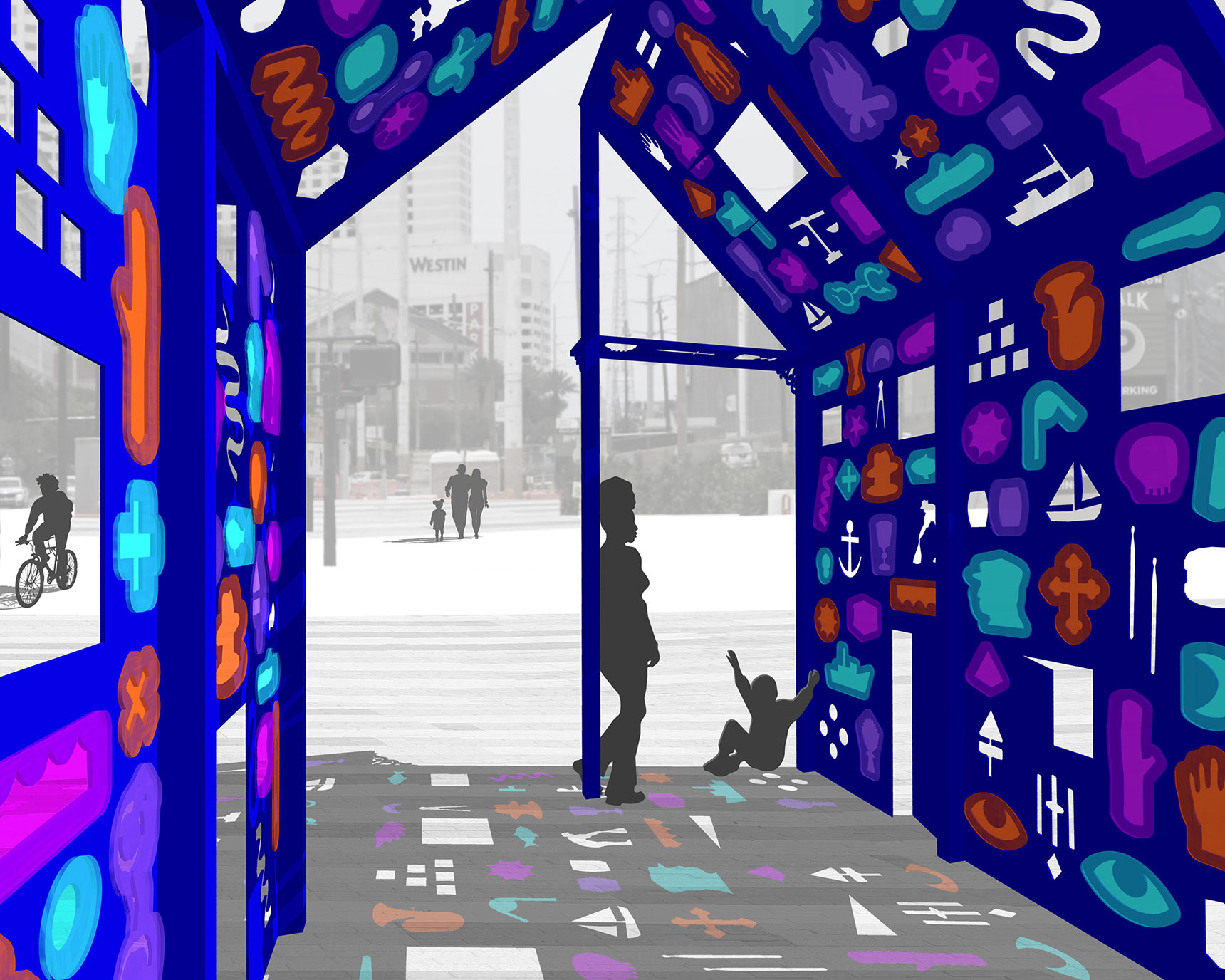 Hieroglyphic House, rendering of a proposed public art installation of a deep blue house-like structure with walls and roofs punctured by windows of shaped iconographic imagery in vibrant colors. Sunlight streaming through these openings casts colorful shadows on the ground.
