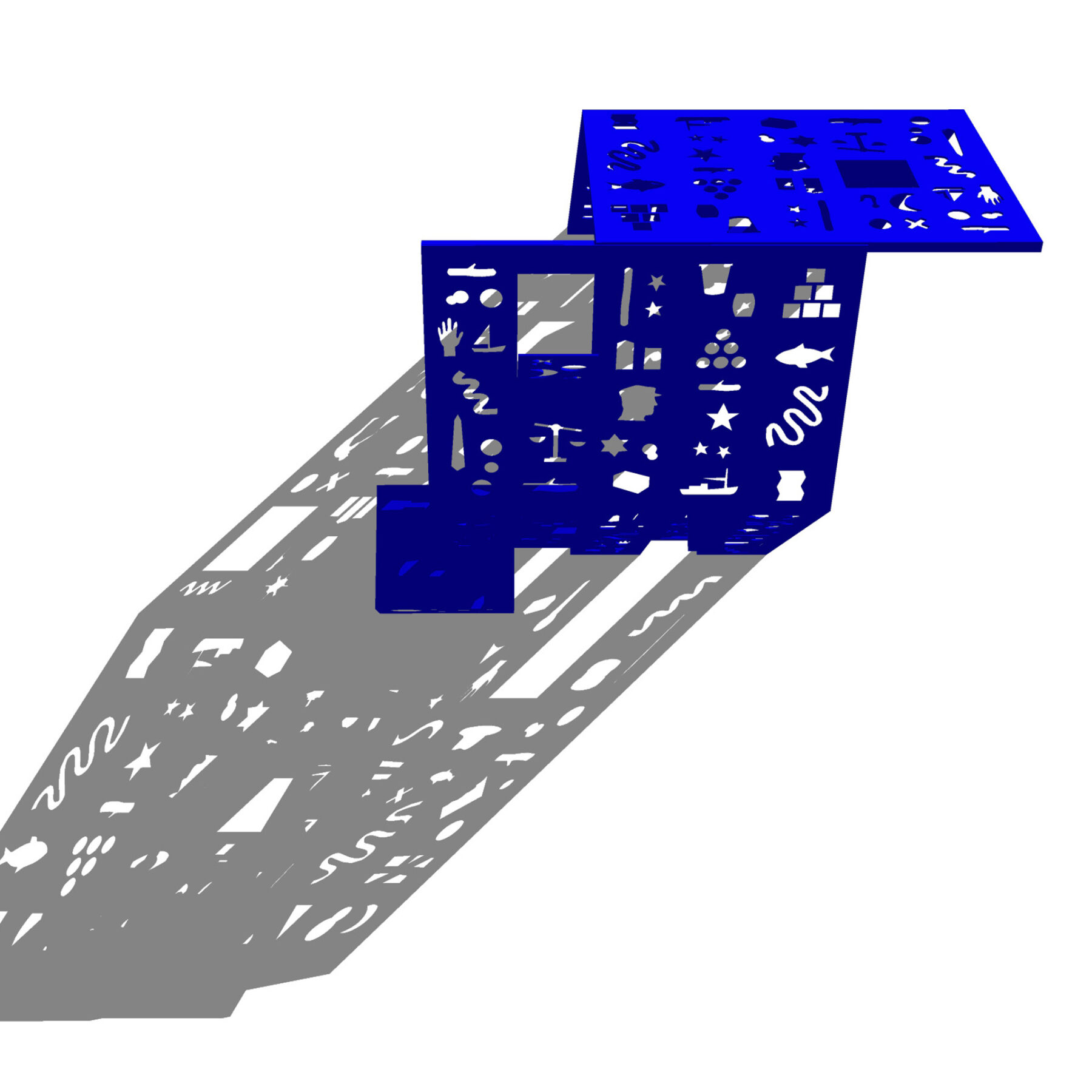 Hieroglyphic House, rendering of a proposed public art installation of a deep blue house-like structure with walls and roofs punctured by windows of shaped iconographic imagery. Sunlight streaming through these openings casts shadows on the ground.