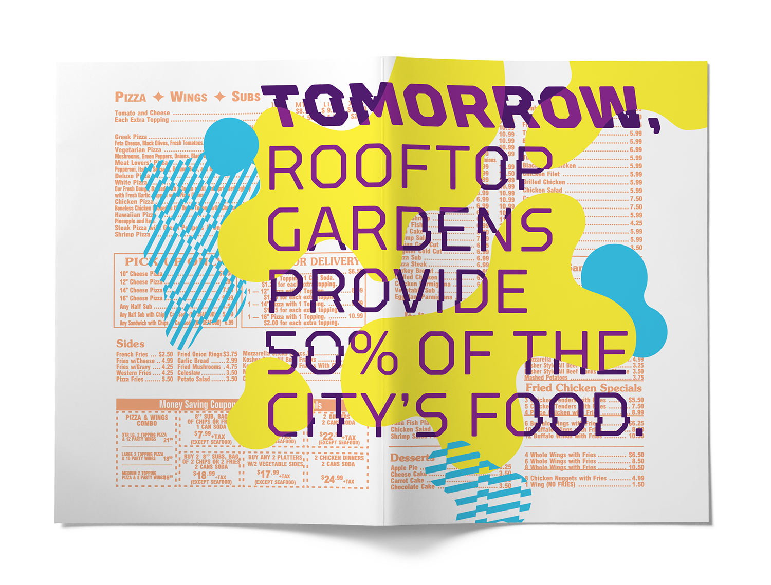 An interrupted takeout menu with the message Tomorrow, rooftop gardens provide 50% fo the city's food.
