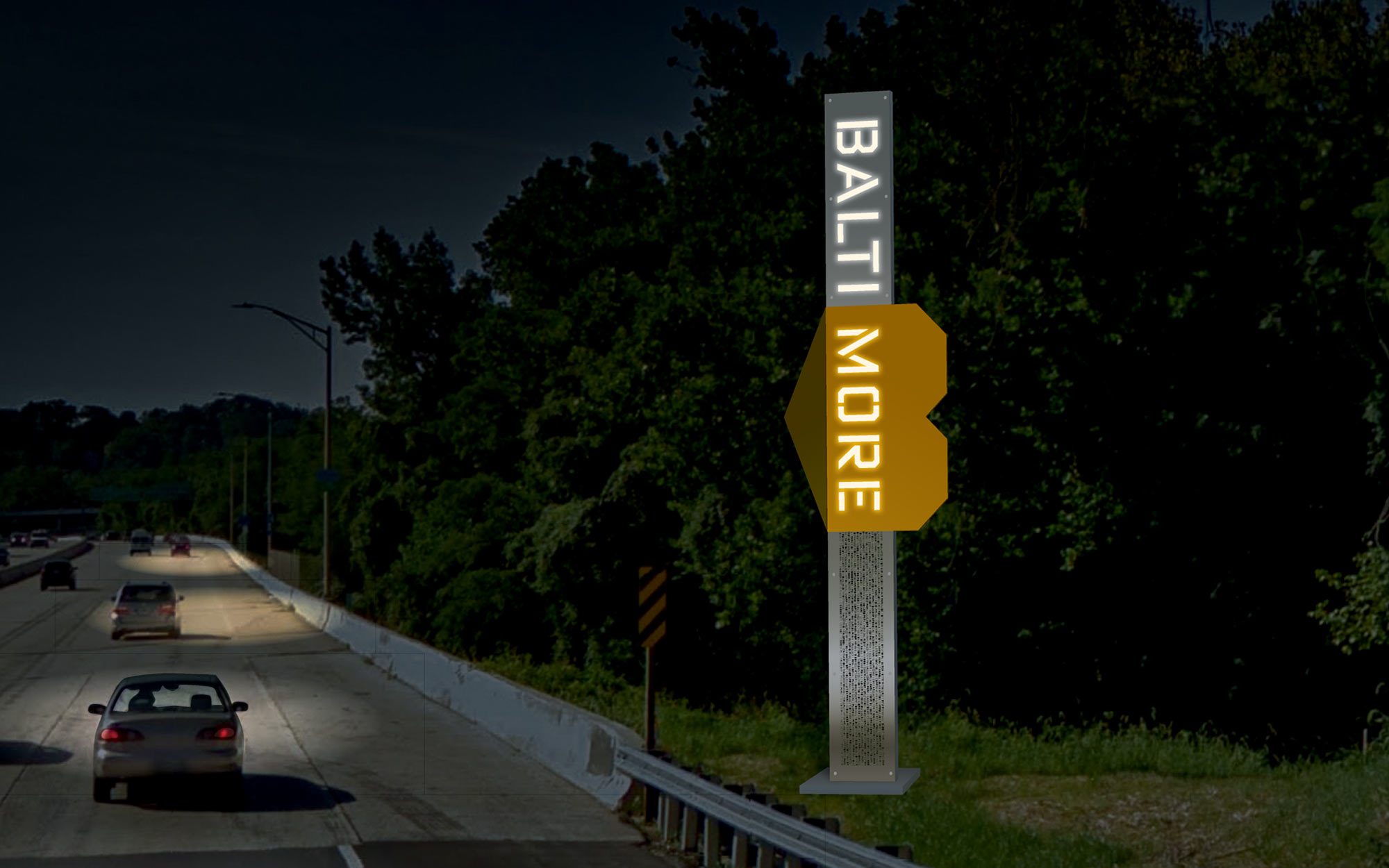 Nighttime photo rendering of a new welcome sign proposed for the city of Baltimore on the side of I-83