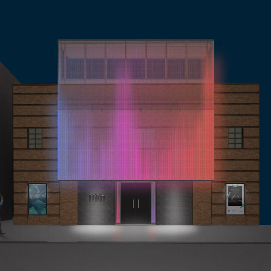 Concept rendering of a programmed exterior lighting treatment for the theater facade