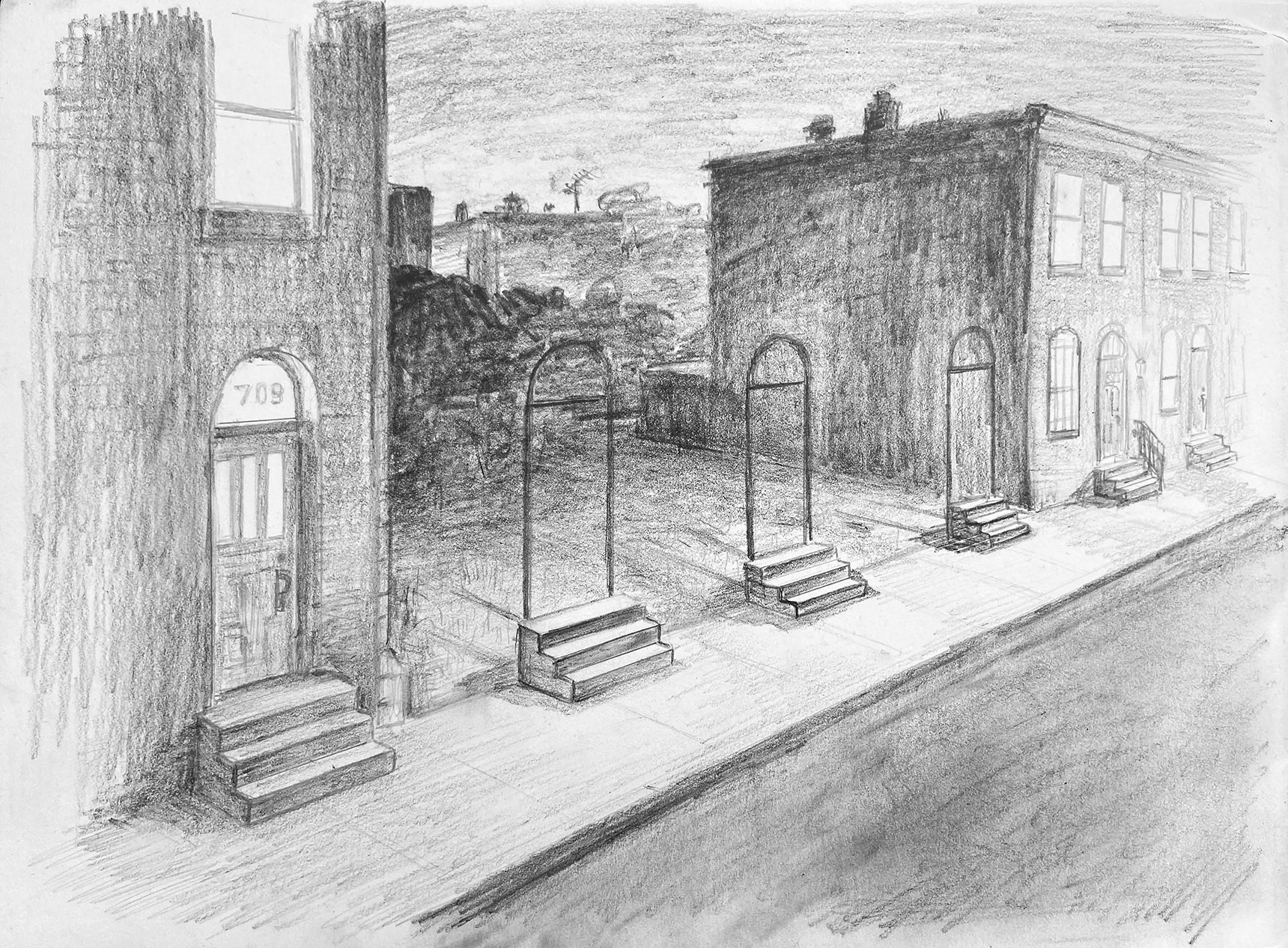 Pencil sketch of the Ghost Stoops public art installation
