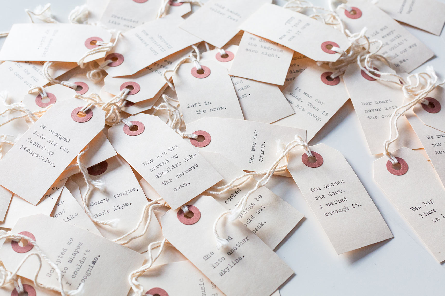 Hang-tags with one-line love stories