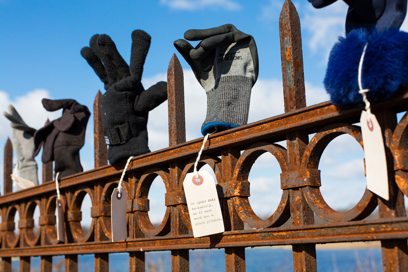 Dozens of found orphaned gloves and mittens displayed on a wrought iron fence in the Library of Lost Gloves & Lost Loves participatory public art installation by artist Bruce Willen