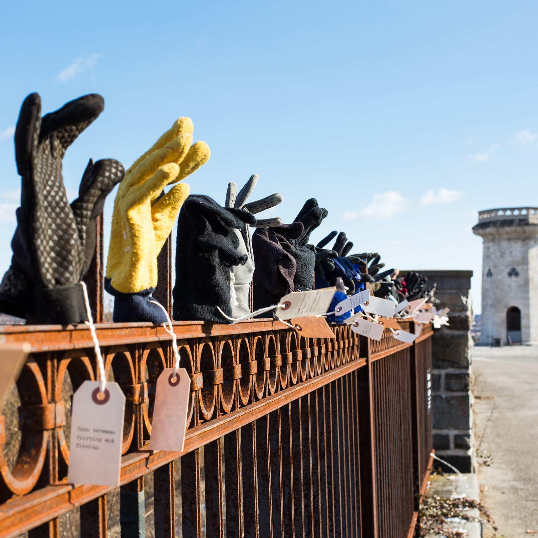 Dozens of found orphaned gloves and mittens displayed on a wrought iron fence in Druid Hill Park as part of the Library of Lost Gloves & Lost Loves participatory public art installation by artist Bruce Willen