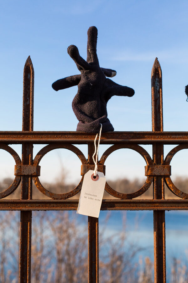 A found glove with a note displayed on a wrought iron fence in the Library of Lost Gloves & Lost Loves participatory public art installation by artist Bruce Willen