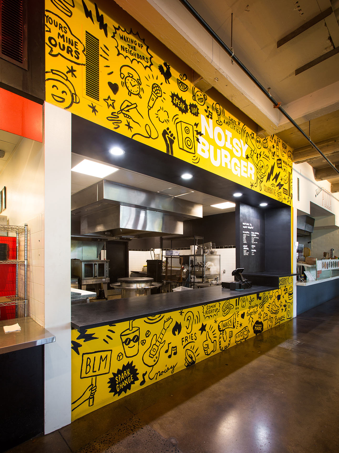 Branding and fast-casual restaurant design for the food stall and carryout counter Noisy Burger, featuring a large yellow mural of fun, energetic doodles.