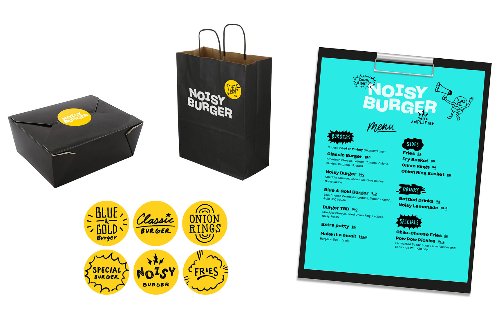 Noisy Burger packaging and menu concepts