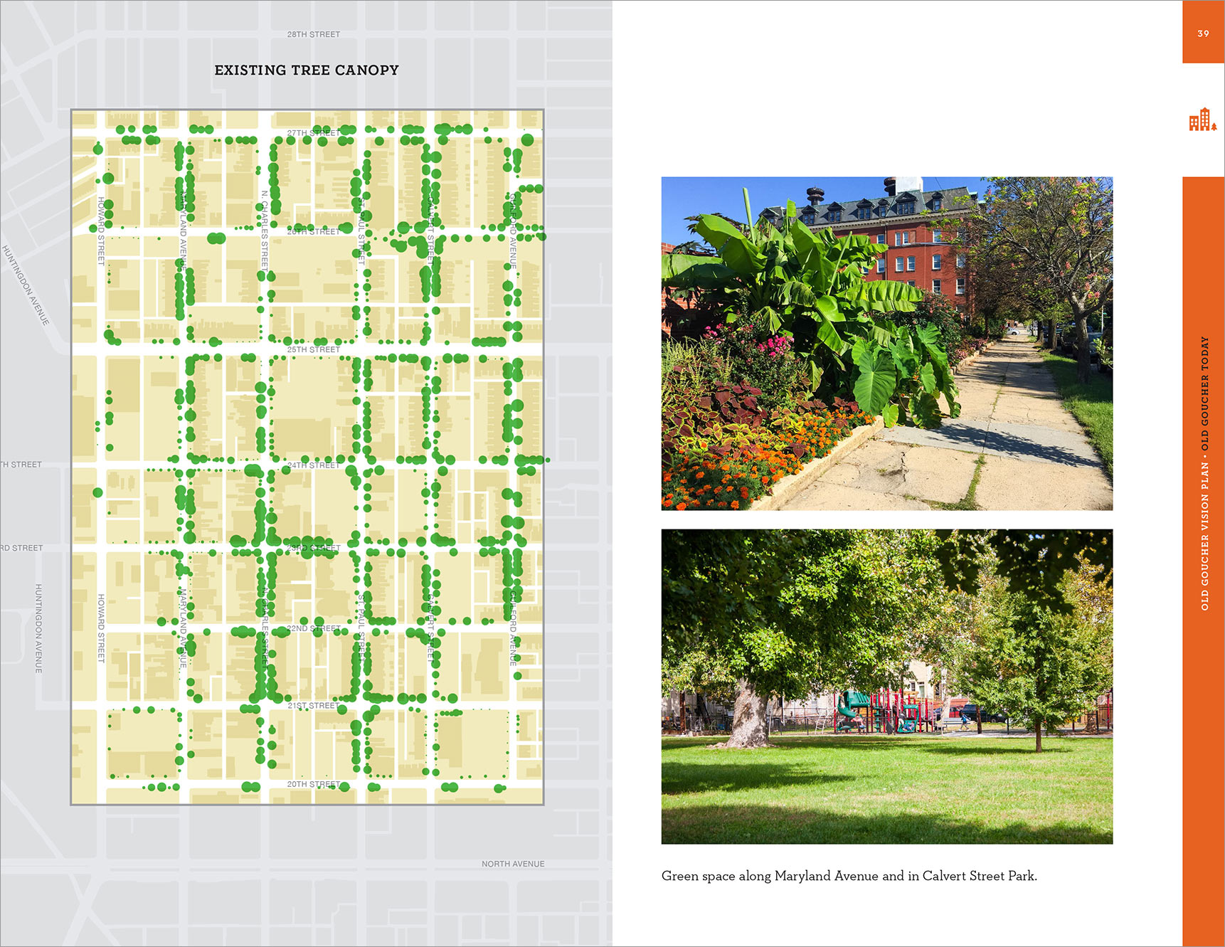 Tree canopy map and page from Old Goucher Vision Plan, neighborhood master plan document