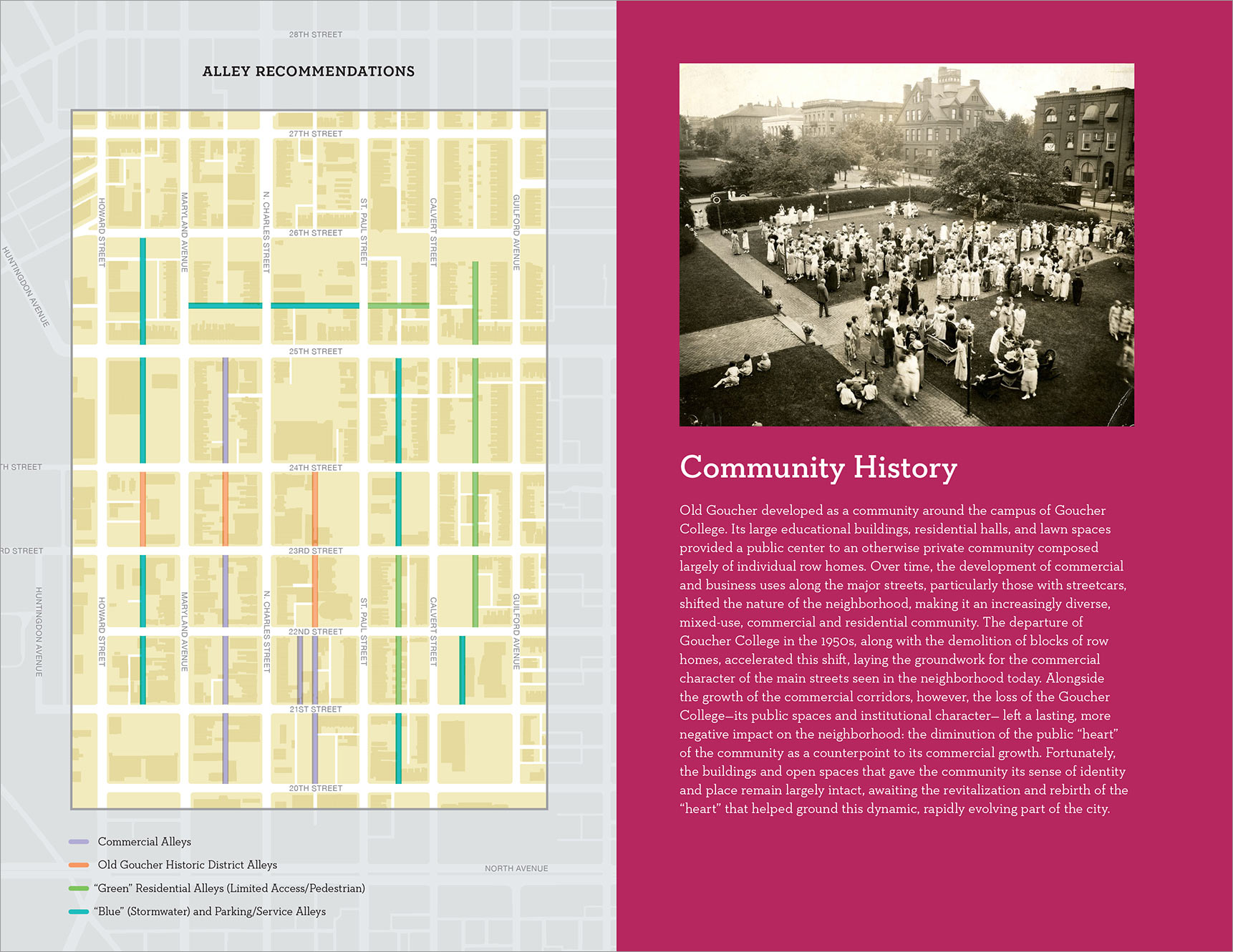 alley recommendations map and community history sidebar from Old Goucher Vision Plan, neighborhood master plan document