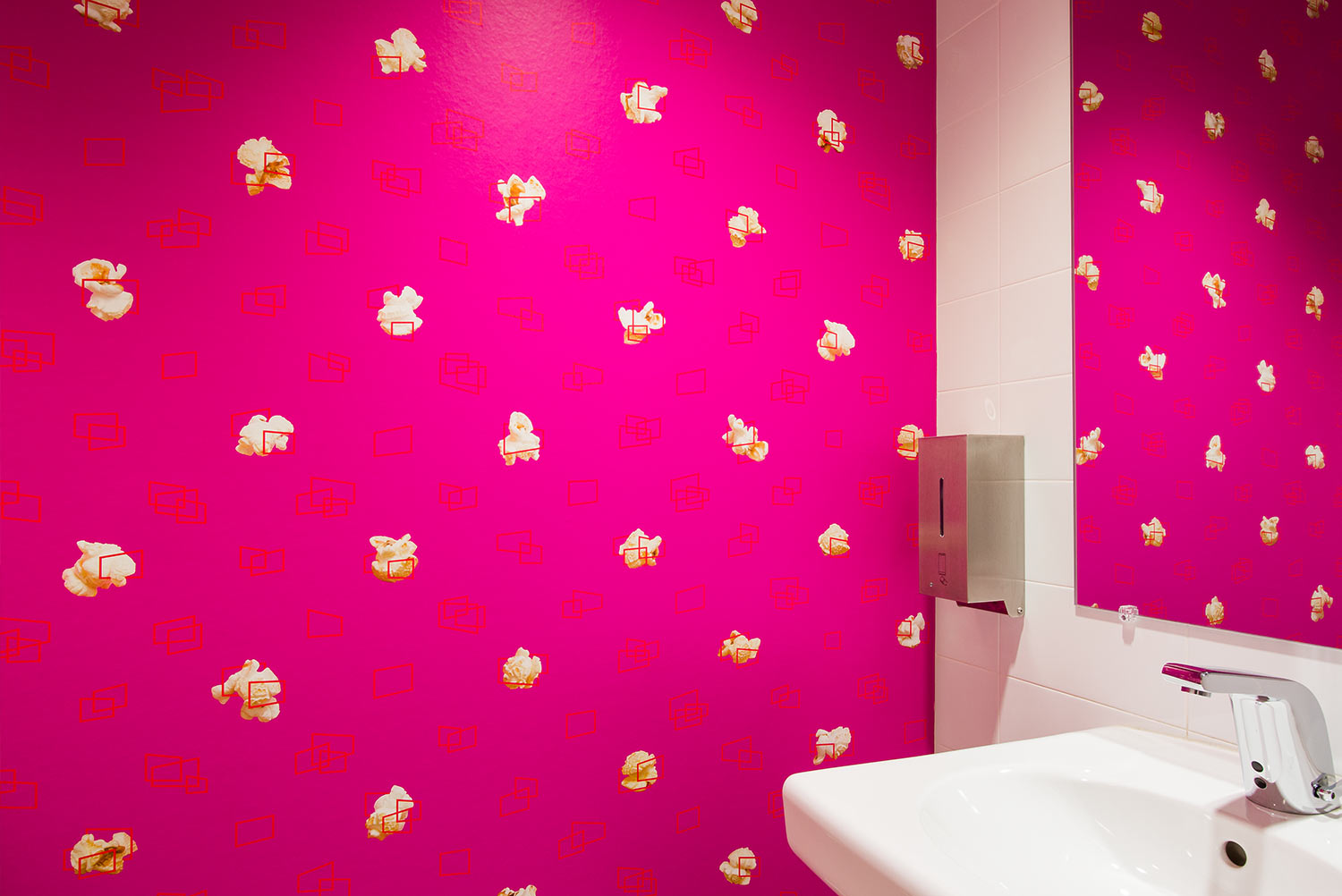Branded custom printed popcorn wallpaper at the Parkway Theatre in Baltimore