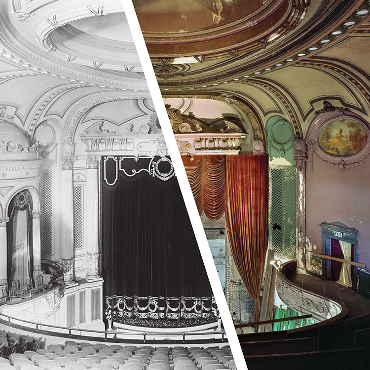 The historic Parkway Theatre in 1915 and in 2015 before renovation