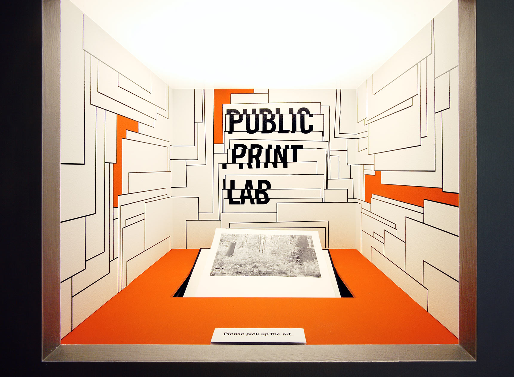 Public Print Lab participatory art installation, interactive laser printer in gallery