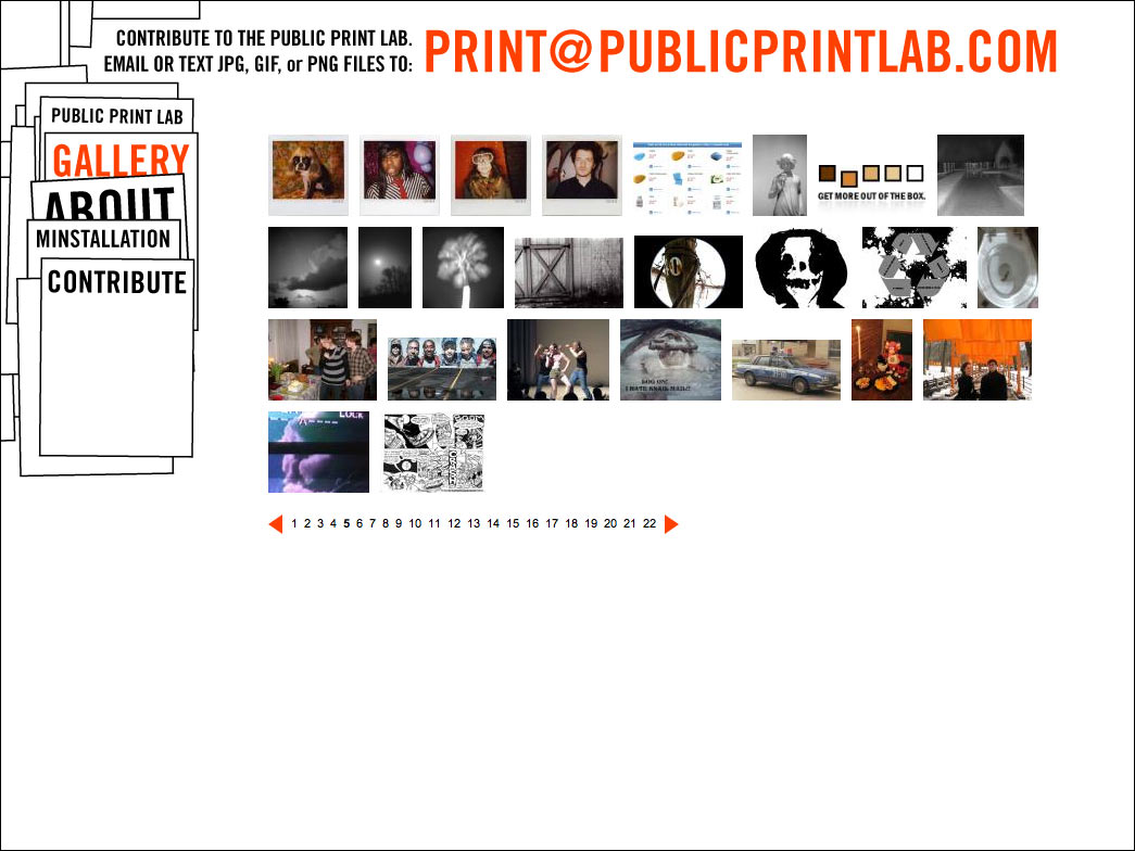 Website screenshots from the Public Print Lab participatory art installation circa 2008