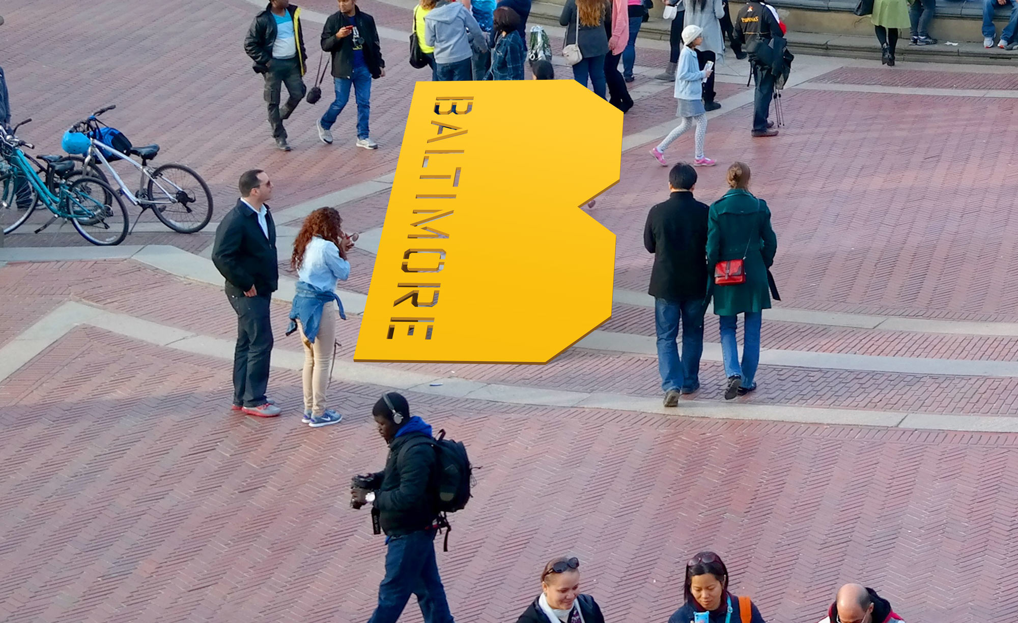 Photo rendering of a sculptural B-shaped signage proposed as part of a new brand for the city of Baltimore