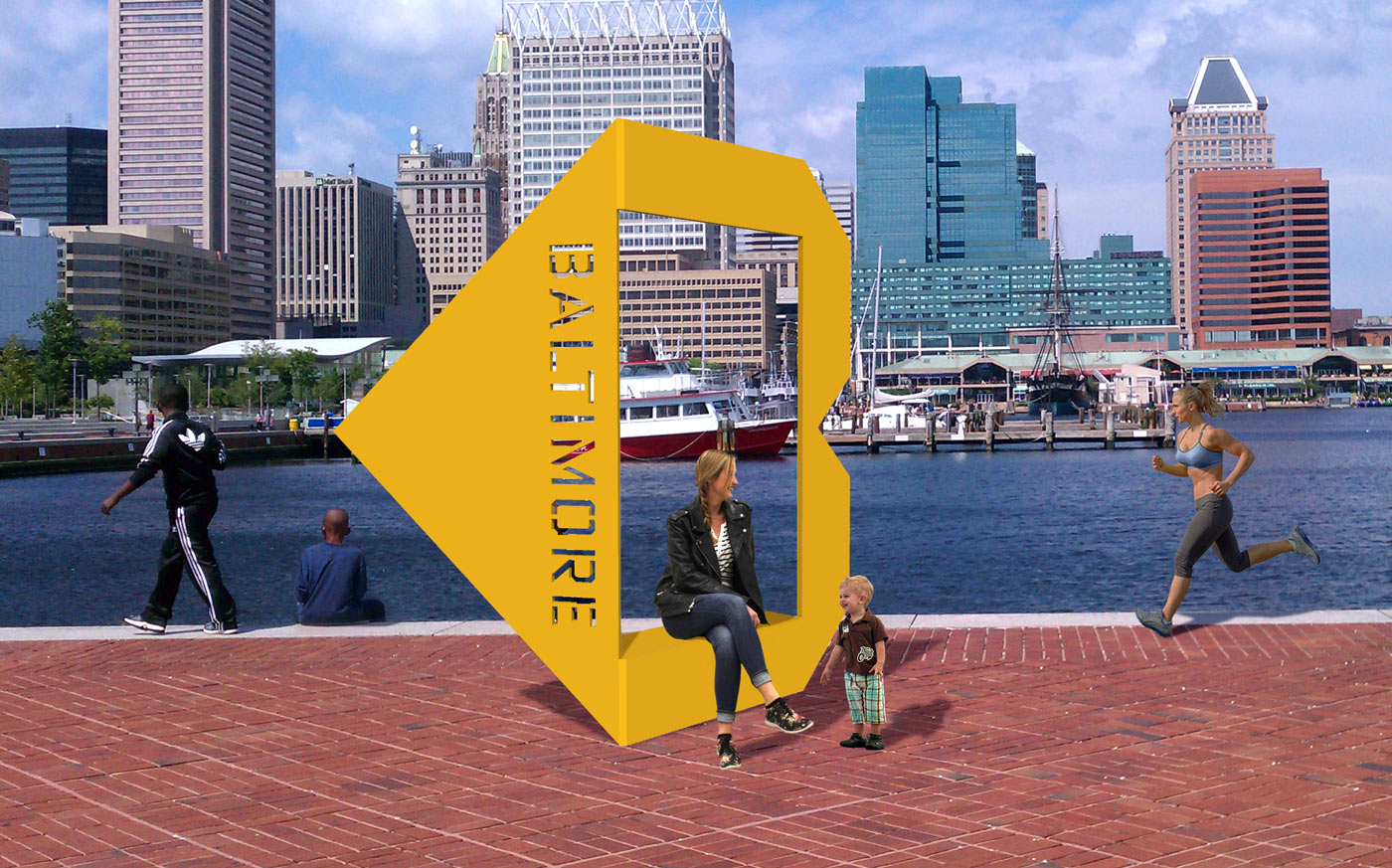 Photo rendering of a new sculptural B-shaped benches proposed as part of a new brand for the city of Baltimore